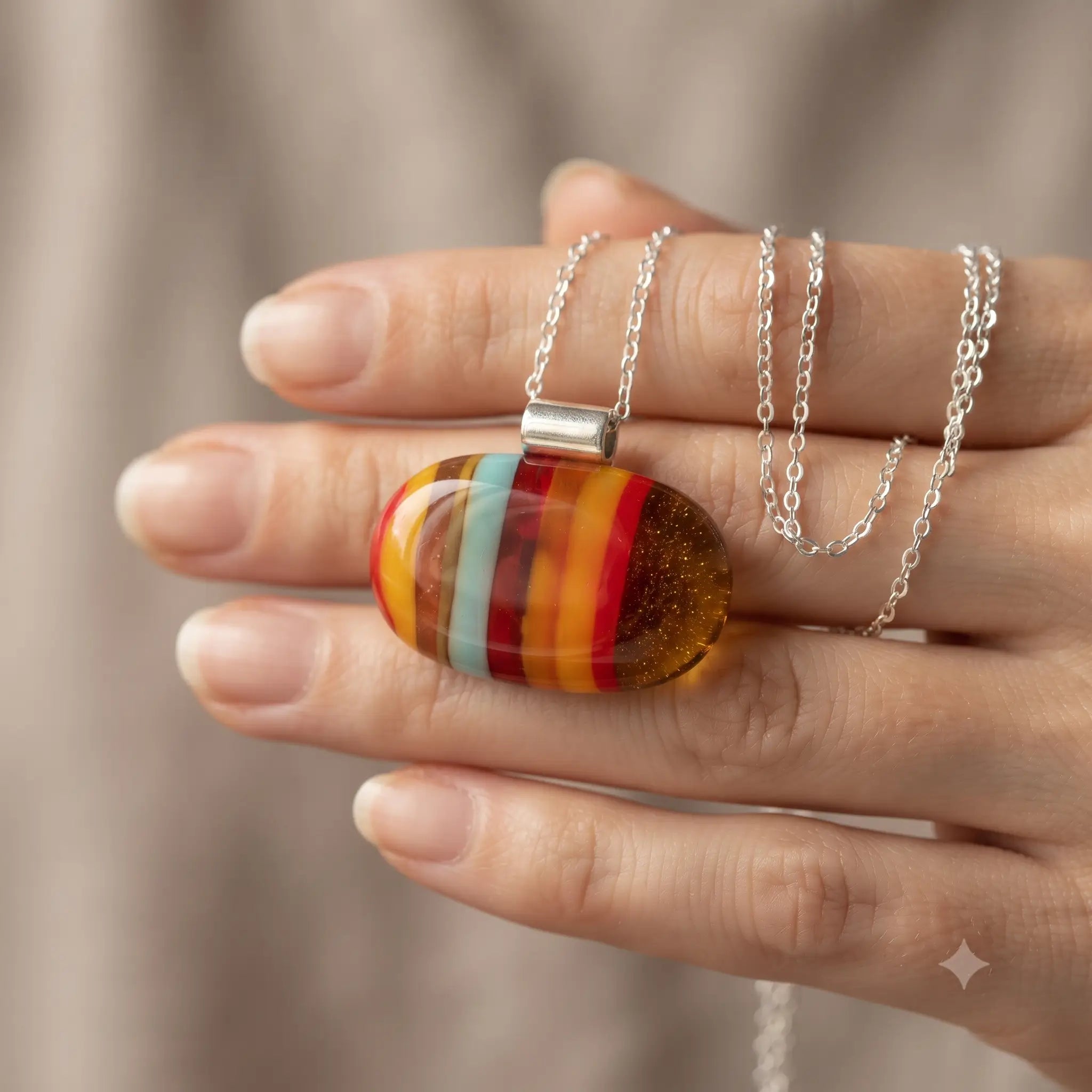 Ember handmade fused glass pendant in red, orange, golden yellow and glittering amber, held in an open palm