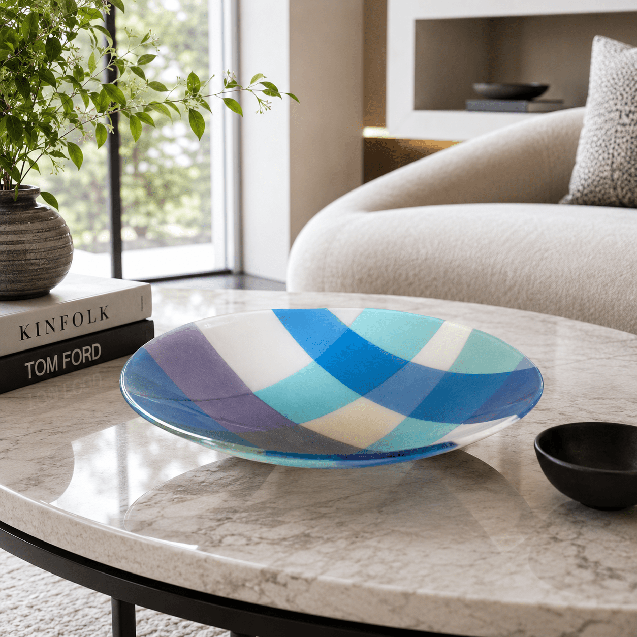 Blue Plaid – Handmade Fused Glass Platter Bowl | Cobalt & Lavender Art Glass - Stoney Lake Glassworks
