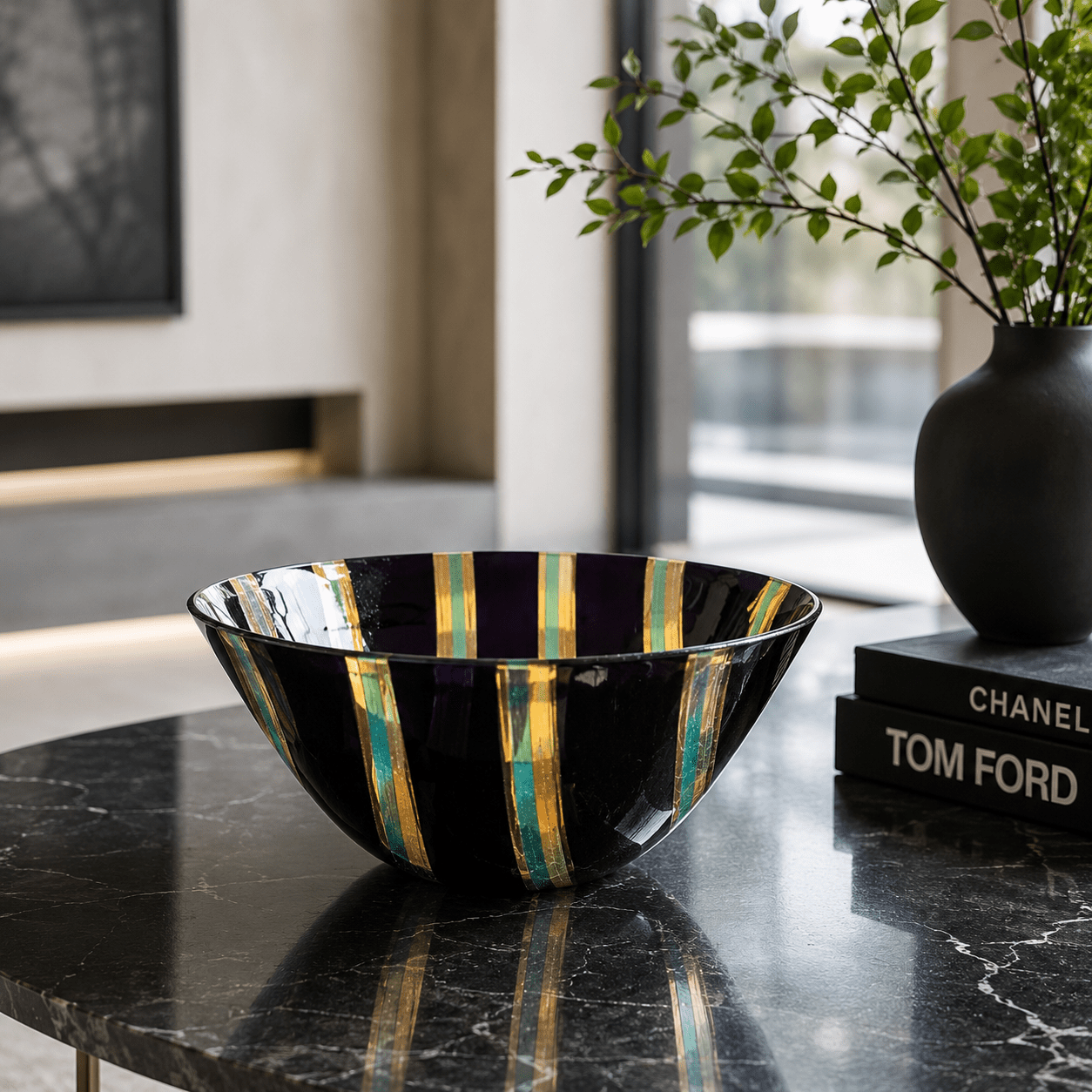 Crown Royale – Handmade Fused Glass Bowl | Midnight, Gold & Teal Art Glass - Stoney Lake Glassworks