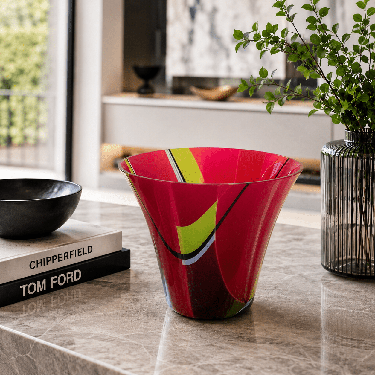 Fusion – Handmade Fused Glass Vase | Bold Red & Lime Graphic Art Glass - Stoney Lake Glassworks
