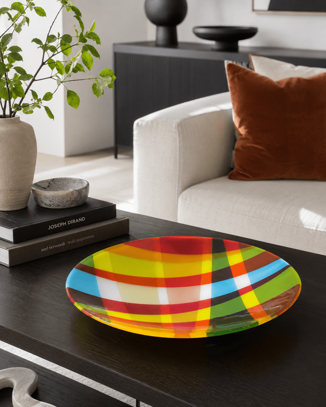 Handmade Fused Glass Bowl – Vibrant Plaid Statement Centrepiece (16") - Stoney Lake Glassworks