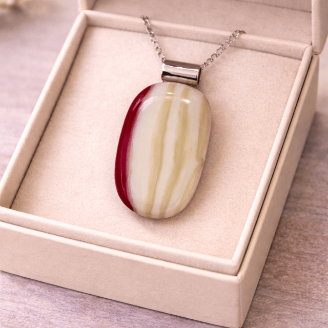 Ivory & Crimson — Handcrafted Fused Glass Pendant - Stoney Lake Glassworks
