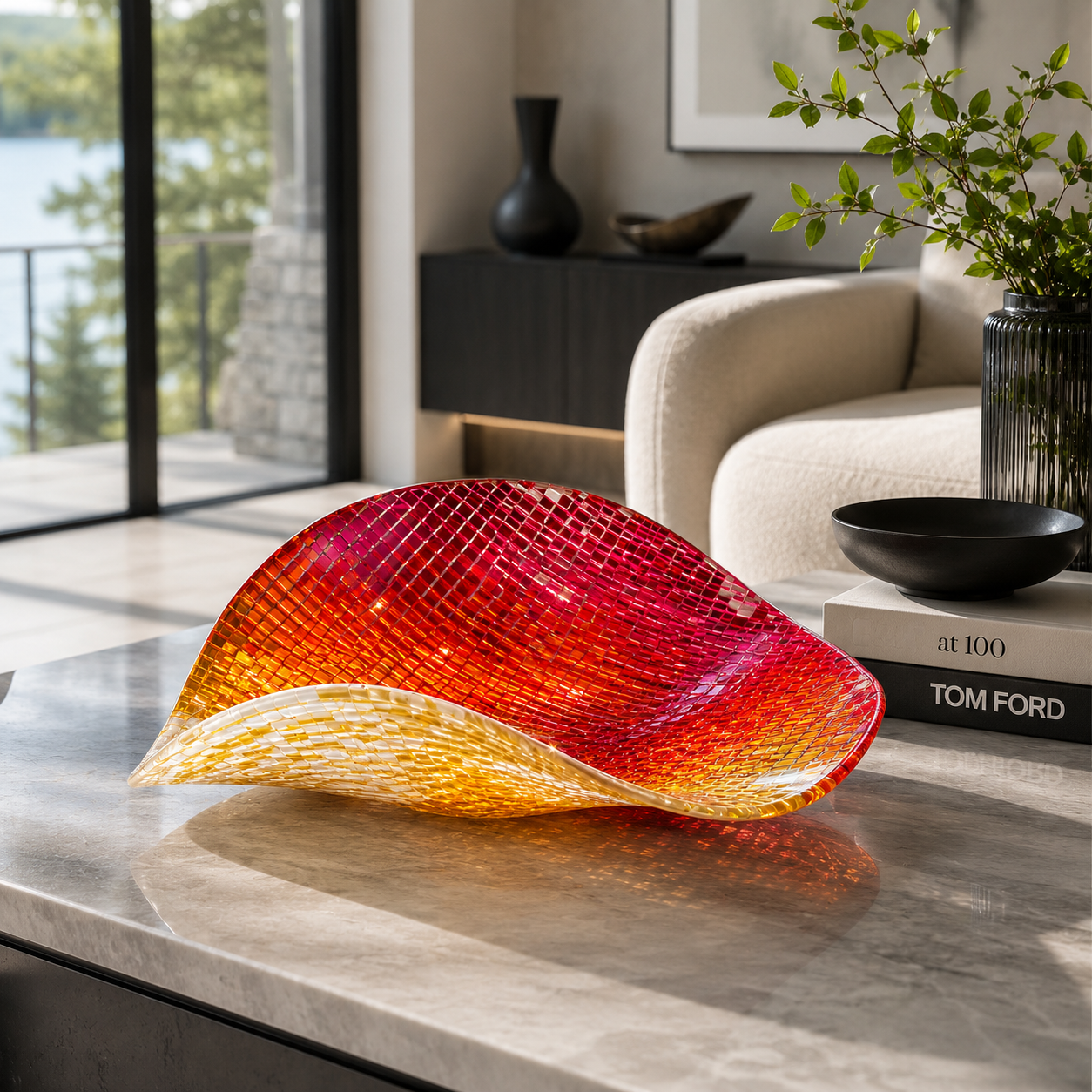 Sunset Mosaic Handmade Fused Glass Bowl – Sculptural Art Glass Centrepiece - Stoney Lake Glassworks