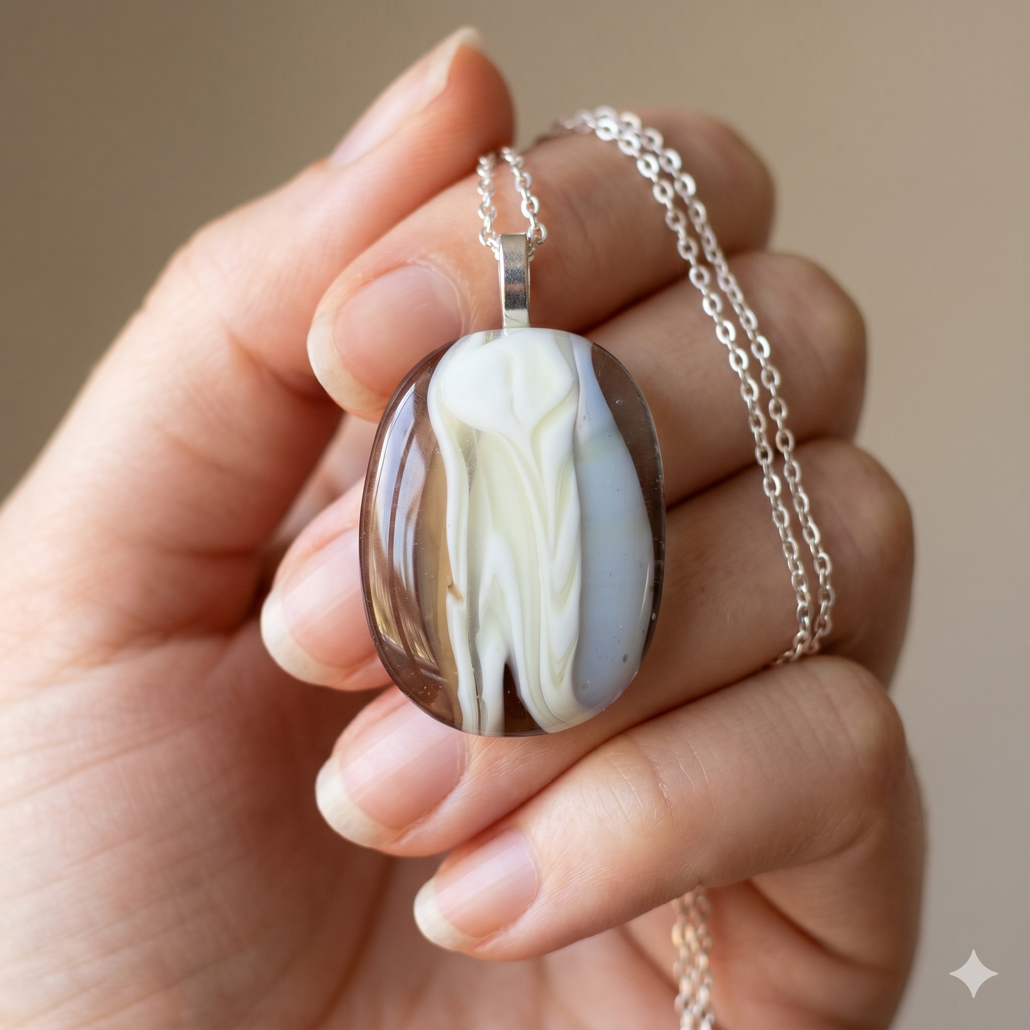 White Flame Oval handmade fused glass pendant in smoky grey-brown with a rising form of crisp white, held in an open palm
