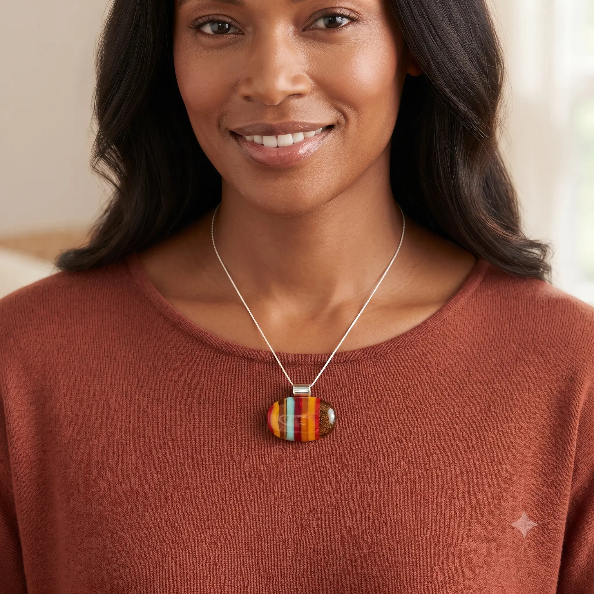 Model wearing the Ember red and amber striped fused glass pendant on a silver chain