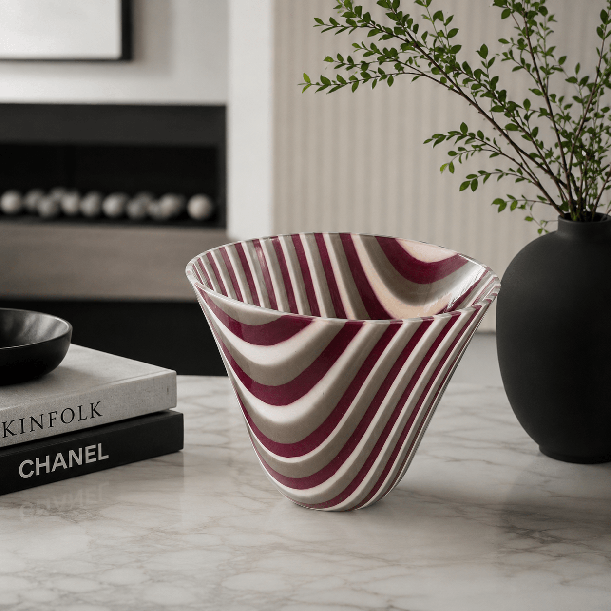 Crimson Wave – Handmade Fused Glass Bowl | Burgundy & Cream Striped Art Glass - Stoney Lake Glassworks