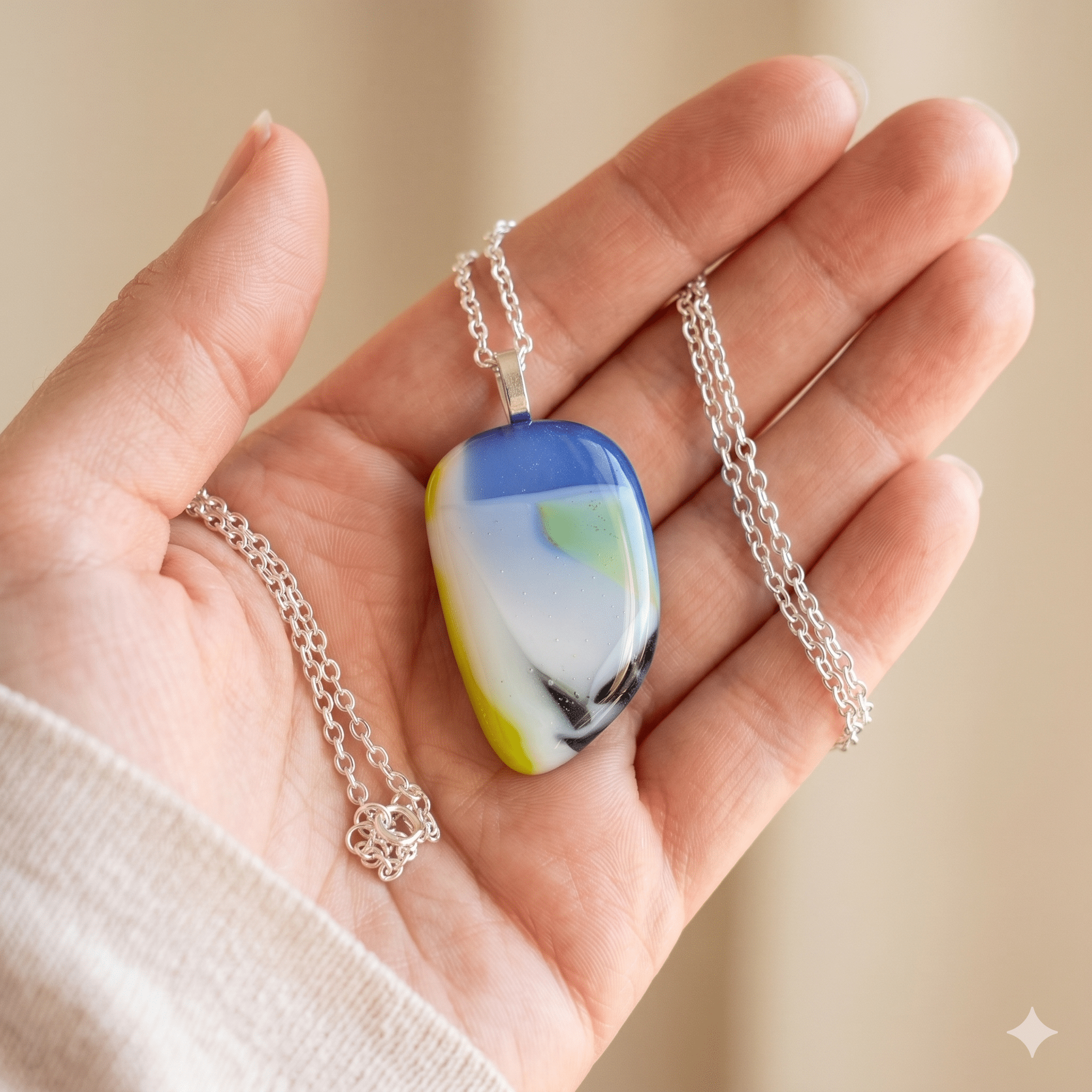 Hockney Summer handmade fused glass pendant in cobalt blue, soft white, sunshine yellow and mint green, held in an open palm