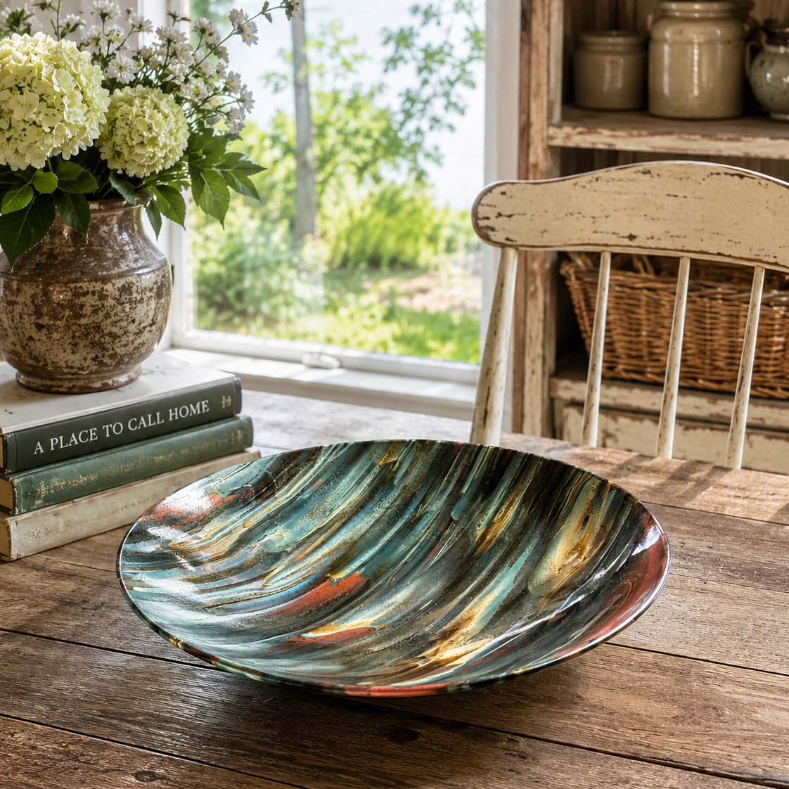 Northern Tides – Handmade Fused Glass Platter Bowl | Teal, Gold & Copper Art Glass - Stoney Lake Glassworks
