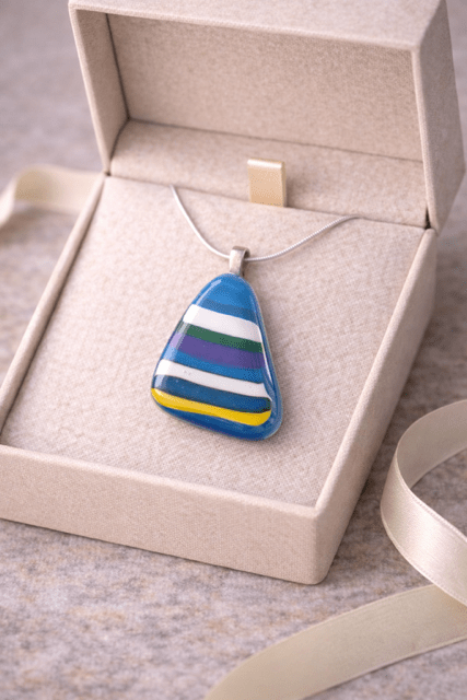 Striped Blue Fused Glass Pendant - Stoney Lake Glassworks