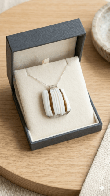 White & Gold Ribbed Fused Glass Pendant - Stoney Lake Glassworks